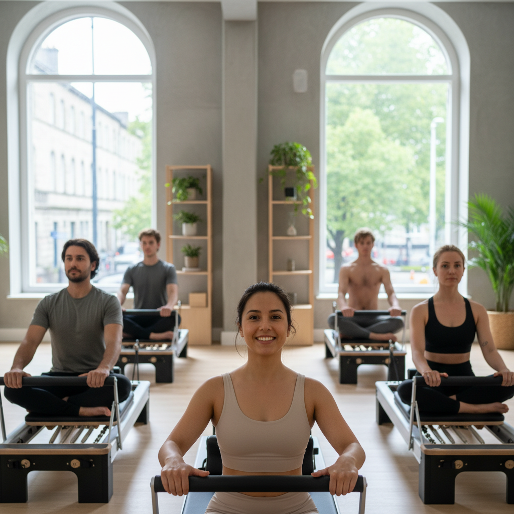 Cosy yoga studio with rolled mats and props